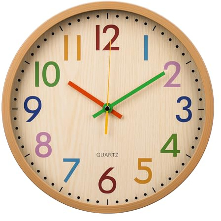 bakbrand Kids Wall Clock Silent Non-Ticking Colorful Childrens Clock Round Decorative Wall Clocks for Classroom, School, Office, Bedroom, Living Room, Kitchen (Bamboo Grain, 12 inch)