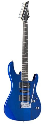 J & D E-Gitarre, 95 STBL See Thru Blue, HSH Tonabnehmer, TR-3 2-Punkt Tremolo, 22-Bündiges Griffbrett, C-Halsprofil, Lindekorpus, Ahornhals, Schwarz Hardware, Hochglanz Blau Finish