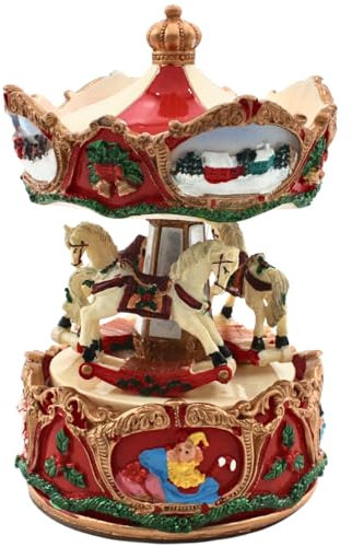 Dekohelden24 Spieluhr als Karussell mit Sound, Melodie: We Wish You, bunt mit Karussellpferden, Größe L/B/H 17 x 11 x 17 cm