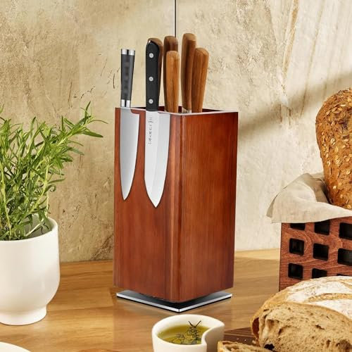 Bloc Couteau Cuisine, Range Couteaux de Cuisine, Blocs Couteaux Vides, Porte Couteau, Bloc à Couteaux Magnétique, Support Couteau de Cuisine Bois, Rangement avec Poils, Universel, 25x12x12 cm, Nature