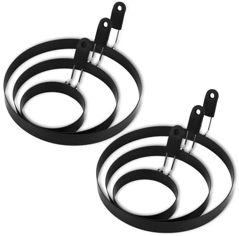 LDXDRU 6 moldes para huevos fritos negros para la sartén de 9 cm, 15 cm, 20 cm, acero inoxidable, molde para huevos fritos, tortitas, tortillas y más