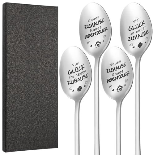 Huiguli 4Pcs Cuchara de Café Grabada, Cucharas de Café de Acero Inoxidable con Caja, 20 cm Cuchara de Helado de Mango Largo, Regalo de Inauguración de Casa Mujeres Hombres Esposa Esposo
