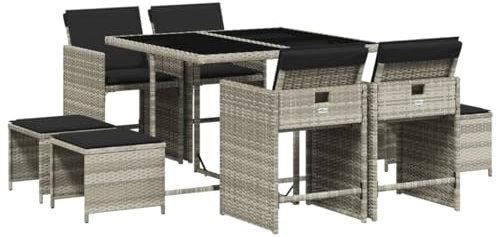 vidaXL Garten Essgruppe 9-TLG., Gartenmöbel Set mit Kissen, Gartengarnitur Tisch 4 Stühle 4 Hocker, Sitzgruppe Sitzgarnitur, Hellgrau Poly Rattan