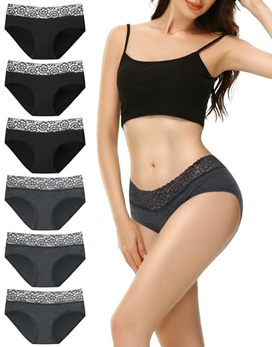 EKSHER Culotte Femme Coton Lot de 6 Sexy Slip en Dentelle Taille Midi Hipster sous-vêtement Shorties Doux Noir Gris M