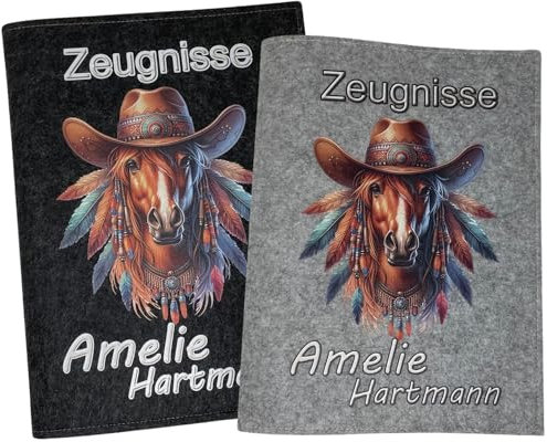 Zeugnismappe mit Namen - Mädchen und Jungen - Personalisiert Filz A4 Pferd Boho - Dokumenten Urkunden Mappe Kinder - Hefter Zeugnisse - Sichtbuch Grundschule