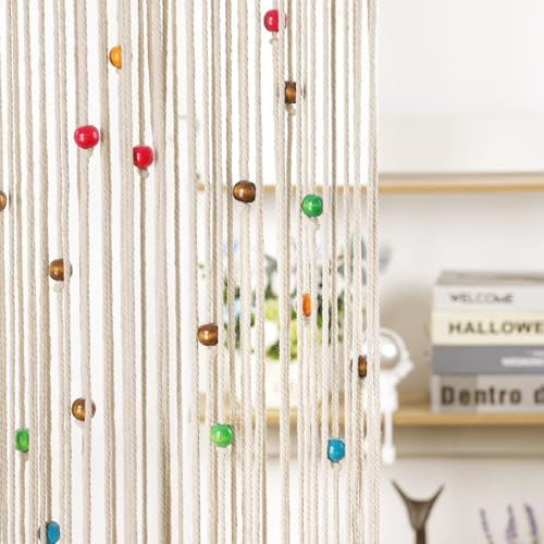 BECHAEO Macrame Beaded Curtain Boho Handmade Cotton Door String Curtain for Doorway Window Wooden Beads Hanging Hippie Room Divider Closet Bedroom Privacy Decor, Colorful - 1 Panels 79 x 35
