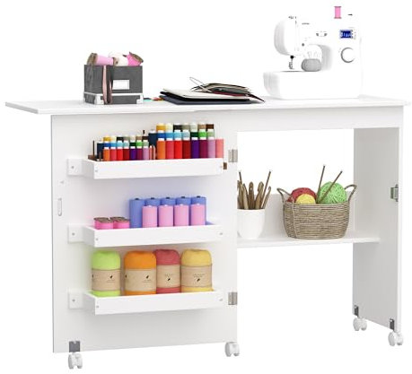 YAGEANNL Folding Sewing Table,2-in-1 Foldable Craft Table with Storage with Lockable Casters Sewing Machine Cabinet Computer Desk Workstation