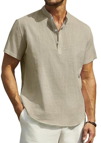 Enlision Khaki Linen Shirt Mens Short Sleeve Grandad Shirts for Men Casual Summer Collarless Shirt Plain Beach Holiday Henley Tshirt Tops M