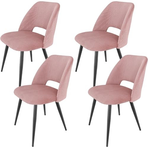 WAFTING Lot de 4 Chaises de Salle à Manger, Chaise avec Velours Côtelé en Éponge Épaisse, Chaise de Cuisine avec Pieds Métalliques Séparés, pour Salle à Manger, Cuisine et Réception, Rose