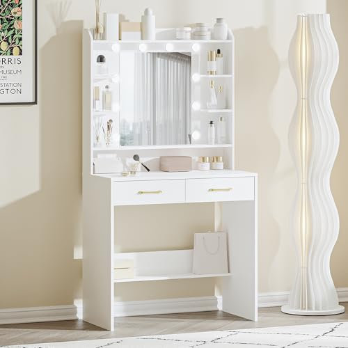 Hzuaneri Dressing Table with Mirror and Led Light, Vanity Desk with Adjustable Brightness, Vanity Table with Shelves and 2 Drawers, for Bedroom, Living Room, 40 x 80 x 149 cm, White DT08203XV1UK