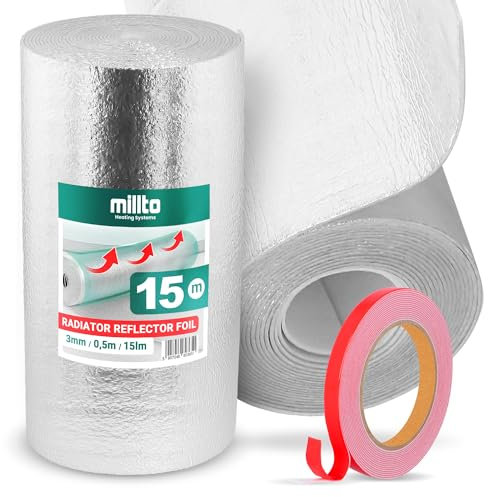 Heizkörper Reflexionsfolie 15m x 0,5m x 3mm | Selbstklebend Alufolie Isoliermatte Dämmung Isolierfolie Thermomatte Thermofolie Heizung Isolierung Wand Dämmfolie Wandisolierung Doppelklebeband