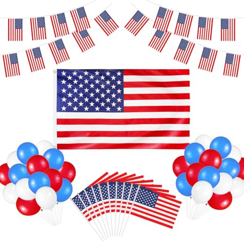 61 Drapeau Américain, Grand Drapeau Américain 90×150cm, 5M Guirlande de Bannière, 10 Drapeaux Américains à Main, 30 Ballons de Amérique, Décoration de Fête Sur le Thème du Patriotisme Anniversaire