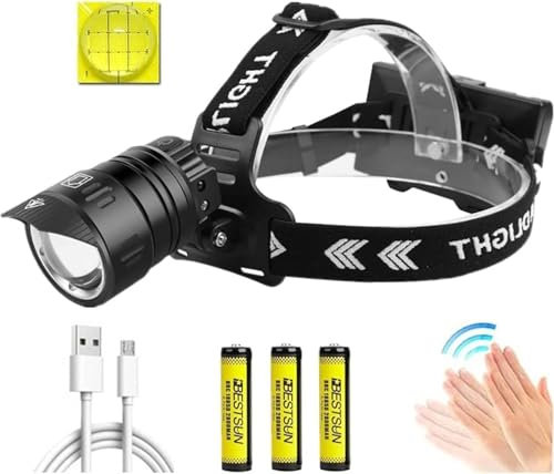 UNAGEA Linterna frontal LED recargable de 300000 lúmenes altos, linternas de cabeza de alta potencia superbrillantes, potente linterna frontal con sensor de movimiento, 3 modos impermeables con zoom y