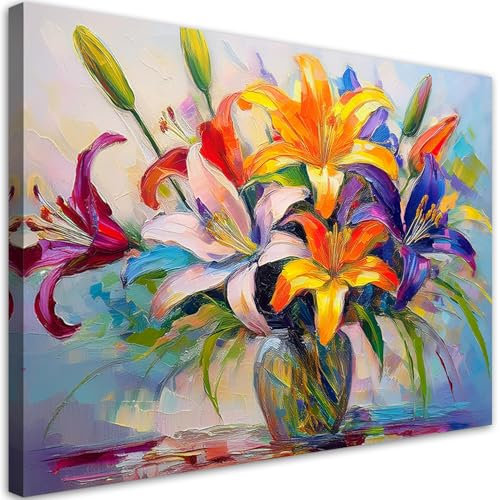 Feeby Leinwand Bilder - Bild Wohnzimmer - Lilien Blumen Bouquet - 90x60 cm 1tlg - Deko Schlafzimmer Groß - Dekoration Canvas - Gemälde - Modern Wandbilder - Kunstdruck