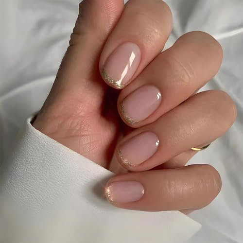 Yamobi 24 Stück Press on Nails,French Manicure mit Goldrand,Nägel zum Aufkleben in French Almond Fingernägel zum Aufkleben für stilvolle Kunstnägel zum Aufkleben