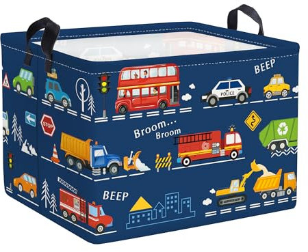 HUUMONSS Autos Kinder Wäschekorb Faltbar für Jungen Groß Kleidung Spielzeug Aufbewahrungskorb für Kinderzimmer Bad, Stadt Bus, 36L