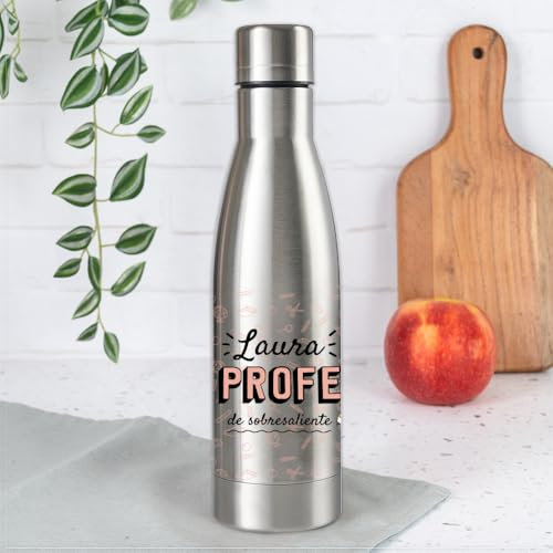 Wanapix | Botella de Acero Inoxidable para Profesoras | Color Plateado | 500 ml. | Doble Capa | Térmica | Personaliza con Nombre de la Profe | Regalo Fin de Curso | Diseño Profe de Sobresaliente