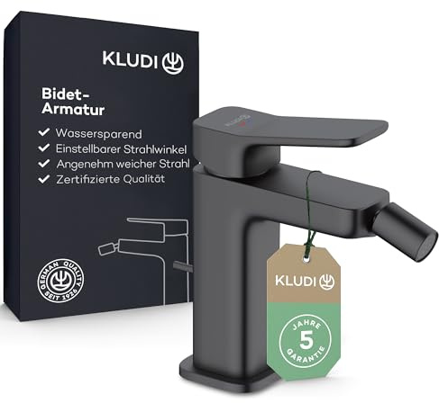 KLUDI-X3 Einhebel-Bidetarmatur mit Zugstangen-Ablaufgarnitur, Komforthöhe 100 mm, einstellbarer Winkel des Strahls, wassersparend (4,5 l bei 3 Bar), Schwarz Matt