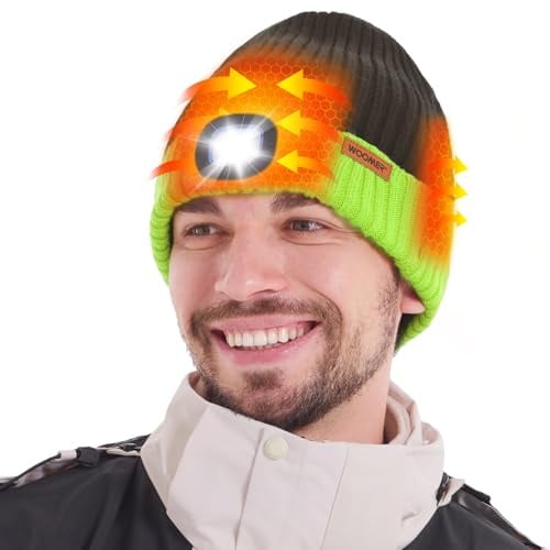 WOOMER Beheizbare Mütze & Beanie mit Abnehmbarer LED-Taschenlampe, 3 Heizstufen, 5V 4000mAh Akku (5-8 Std) - Beheizte Beanie für Herren & Damen - Heizmütze für Nachtwandern Jagen Angeln Wintercamping