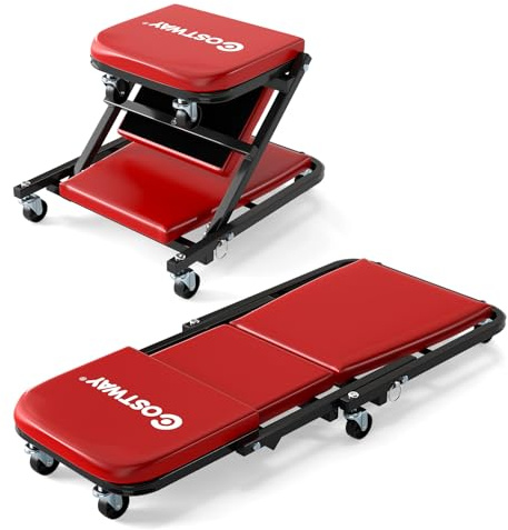 COSTWAY Chariot de Visite Pliable avec Siège Rembourré Charge 150kg (Rouge) | Tabouret d'Atelier Convertible à 6 roulettes, Planche de Travail Mécanicien pour Garage Réparation Automobile