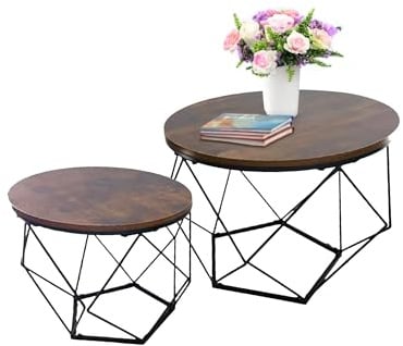 Relaxdays Couchtisch, 2er Set, Holzoptik & Metall, Industrial-Design, runde Beistelltische, Wohnzimmer, braun/schwarz