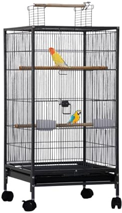 Große Vogelkäfig 46 x 46 x 102 cm, Vogelkäfig aus Metall mit 360° Rollen & Spieldach & Abnehmbarem Tablett & Futterstellen & 3 Sitzstangen, Vogelvoliere Vogelbauer Leicht zu Reinigendem