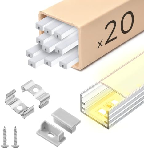 KSIBNW LED Profil Aluminium 1M 20Stück, U-Form Aluprofil Schiene Indirekte Beleuchtung Kanal mit Milchiger Abdeckung, Endkappen, Montageclips Diffusor für 8mm 10mm Breite LED Leiste Streifen Strip