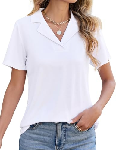 heekpek Camicia Donna Elegante Blusa Estiva Polo Shirt Manica Corta Scollo a V Casual Lavoro Camicetta Classico con Revers Maglietta Estive T Shirt Moda Tinta Unita Maglia Top(Bianco,M)