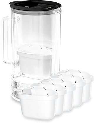 Wessper Caraffa Filtrante vetro 2L, con indicatore LED, 5 filtro - Nero | caraffa vetro con filtro acqua potabile, senza BPA, brocca acqua filtrante carboni attivo