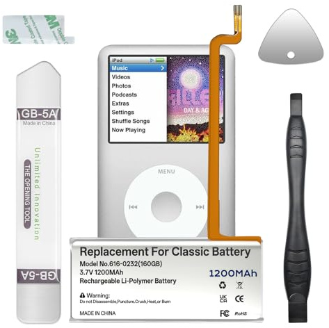 616-0232 Batterie, 1200mAh Batterie Haute capacité de Remplacement Compatible avec iPod 5ème-7ème génération Video Classic A1136 A1238 6ème 80GB 6.5ème 120GB 7ème 160GB 5ème 30GB