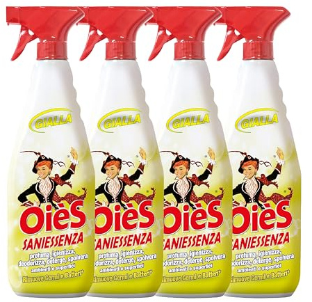 OièS Saniessenza Detergente Profumato 750 ml - Gialla (4 Unità) | Profumatore Ambiente 5 in 1 Spray Igienizzante Multiuso per Pavimenti e Superfici - Profuma, Igienizza, Deodorizza e Spolvera