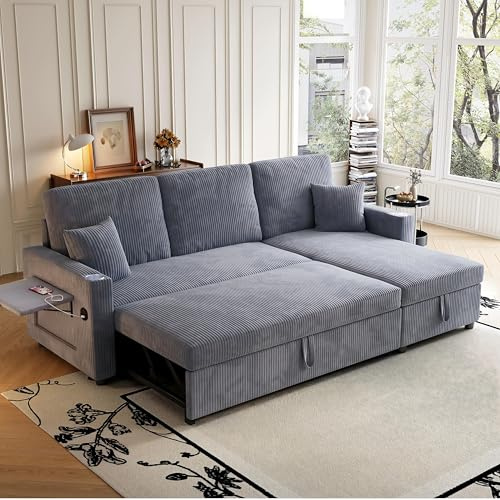 ECLIVON Sofá Cama Chaise Longue con USB para Salón, Sofá con Portavasos y Bandeja Abatible, Sofás en Forma de L con Almacenamiento, Sofá Moderno con Cómodos Cojines para Dormitorio, Pana (Gris)