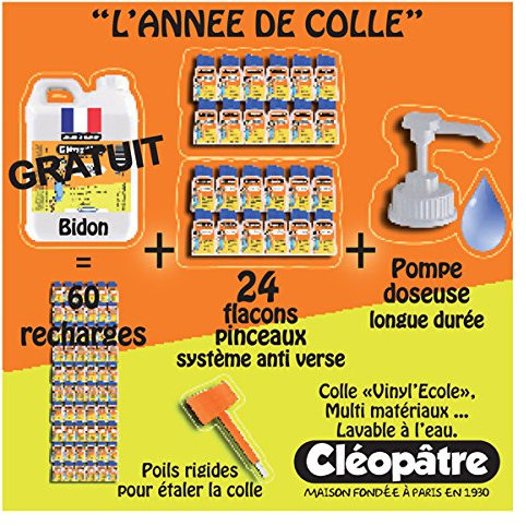 Cleopatre - BDVI5L-24VI110P - SchoolPack - Pegamento Vinílico por un año - Bote de 5 Litros + 24 frascos de 80ml con pincel
