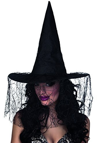 NET TOYS Hexenhut mit Schleier Halloween Gothic Hut schwarz Spitzhut Hexe Damenhut Schwarze Witwe