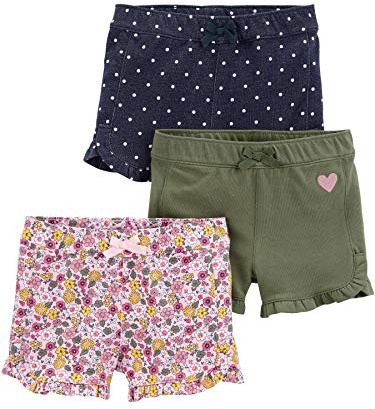 Simple Joys by Carter's 3-Pack Knit Shorts, Bleu Jean Points/Rose Fleuri/Vert Olive Cœurs, 18 Mois (Lot de 3) Bébé Fille