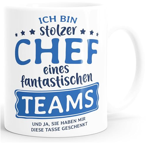 MoonWorks® Kaffee-Tasse Bürotasse Spruch Ich bin stolze/r Chefin/Chef eines fantastischen Teams Geschenk Chef/in Teamleiter/in Vorgesetzter Weiss Keramik-Tasse