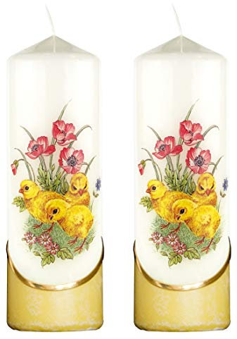 Meissner-Handel Auswahl * 2 Stück Osterkerze Stumpenkerze Osterdeko * 6 x 18 cm * mit farbigen Wachs- und Bildauflagen * Auswahl Motiv + Farbe * gelb * (Serie 3 - Set 09/09)