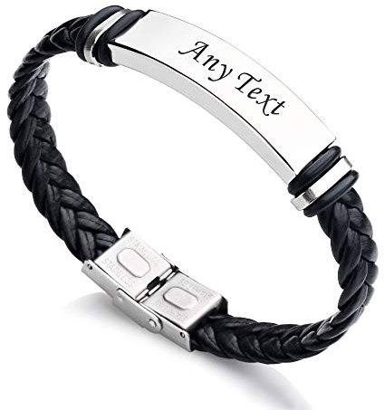 EDSG Personalised Mens Bracelet Engraved Leather Bracelets Gift for Him Customised Valentine, Birthday, Wedding, Christmas, Father's Day Free Engraving with Gift Box Hand Finished in UK(Any Text)