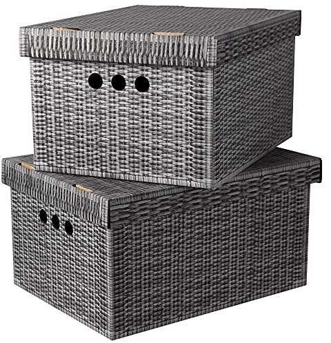 SOFTILLO Cardboard Storage Boxes with Lid Decorative Wardrobe, Closet, Home & Office Organiser with Handle Flat-Packed, Stackable File Box Gift for Adults & Kids Set of 2 XLarge Grey Wicker