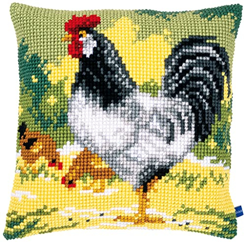 Vervaco Cross Stitch Kit Cushion Complete Set White Rooster Decoration Manual Embroidery Kit Adult Art Creative Gift DIY Cross Stitch Embroidery ca. 40 x 40 cm