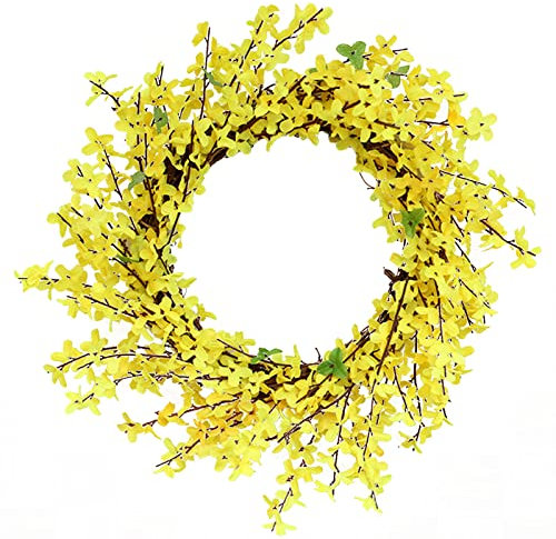 BELUAPI 50,8 cm künstlicher Winter-Jasmin-Kranz, künstlicher gelber Forsythia-Blumenkranz, Haustür Kranz Frühling Ornament Girlande alle Jahreszeiten Blumenkranz für Kamin Heimdekoration