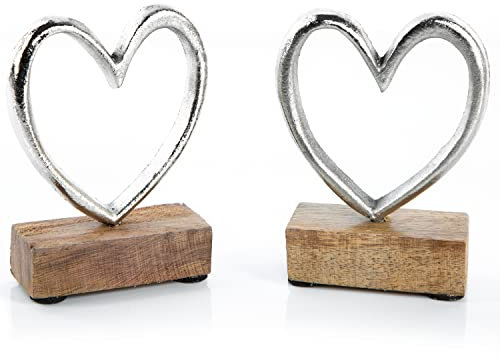 Logbuch-Verlag 2 Herzen Silber Metall & Holz Herz zum Hinstellen Paar Geschenk Valentinstag Hochzeit Geburtstag Symbol Liebe 15 cm Silber