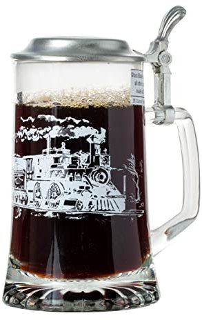Artisan Owl Steam Locomotive Train Railroad Glass Beer Stein with Metal Lid and Thumb Lift
