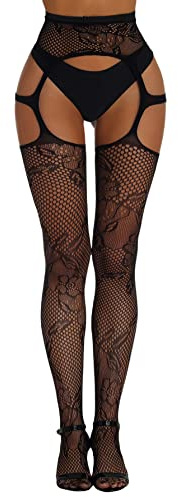 Verdusa Women's Fishnet Stockings Tights High Waist Cut Out Lace Fishnets Suspender Pantyhose Cut Out Black One Size