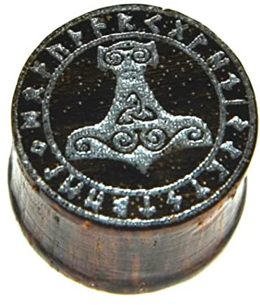 Flesh Holz Plug Vegvisir Viking Wikinger Kompass mit Runen Ring, double flared Tunnel Expander Dehner aus Teakholz in braun, Lobes Piercing mit Laser Gravur für Damen und Herren,10mm - 20mm 14 mm
