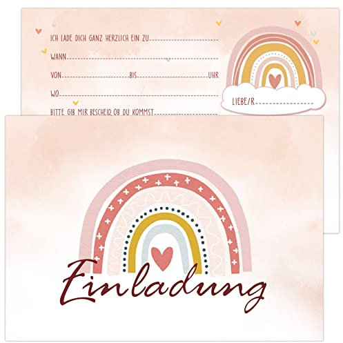 COLOFALLA 12 Stück Einladungskarten Kindergeburtstag Einschulung Boho Regenbogen Party Taufe Einladung Karten zur Geburtstag für Mädchen Junge Jugendliche Geburtstagseinladungen (Rosa)