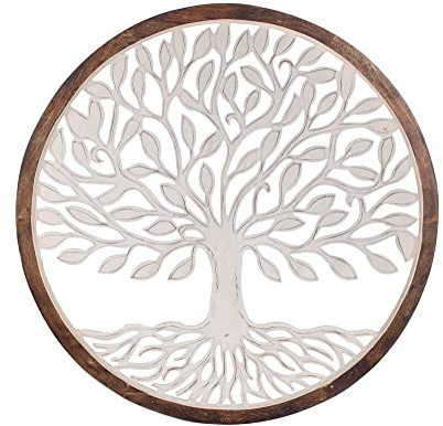 ORIGEN Déco murale Arbre de vie XL en Bois Blanc sculpté et encadrement ton naturel, H 96 cm