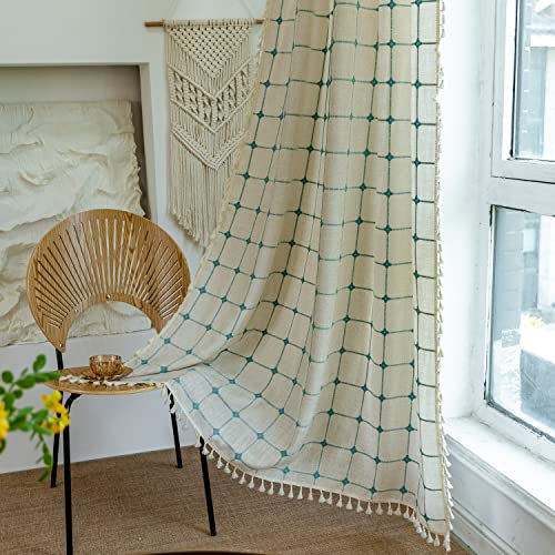 SASIGAYA Gardinen Boho Durchscheinend Verdunkelung 140×180 Vorhänge Vintage Kariert Quasten Vorhang Bestickte Baumwolle Leine Beige Gardinen Landhausstil für Modern Schlafzimmer Wohnzimmer 2 Stück