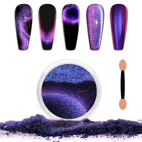 Laza Cat Eye Chrome Nail Powder Chameleon Magnetic Powder 9D Cat Eye Effect Mirror Effect Pigment Dust Magic Galaxy Holographic Effect Glitter with Magnetic Stick for Velvet Nail Art - Bauhinia Blue