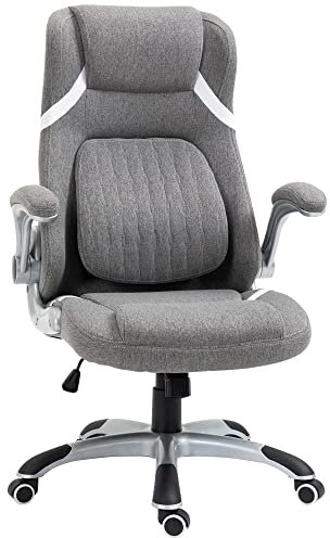 Vinsetto Sedia da Ufficio Ergonomica con Braccioli Ribaltabili e Poggiatesta, Sedia Scrivania Girevole con Supporto Lombare, Altezza Regolabile e Funzione Dondolo in Tessuto per Studio, Grigio